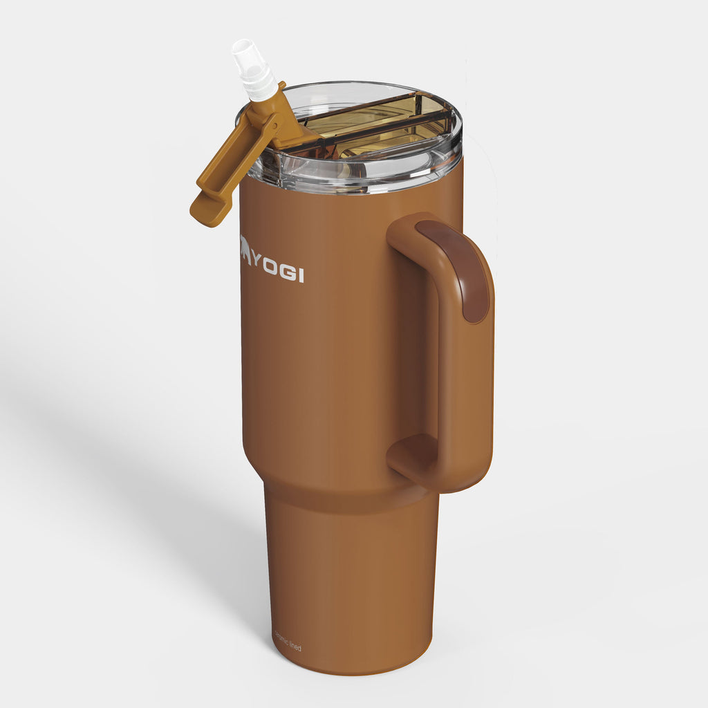 Amberwood tumbler with handle and flip lid open, straw spout visible