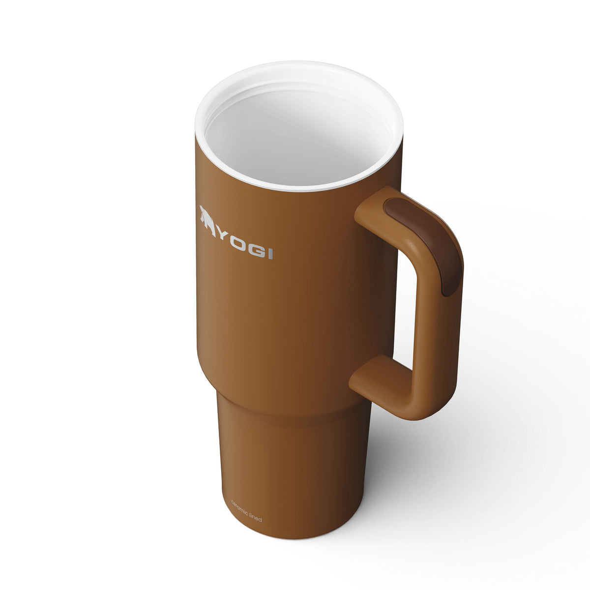 Amberwood tumbler with handle and white interior rim, front 3/4 view