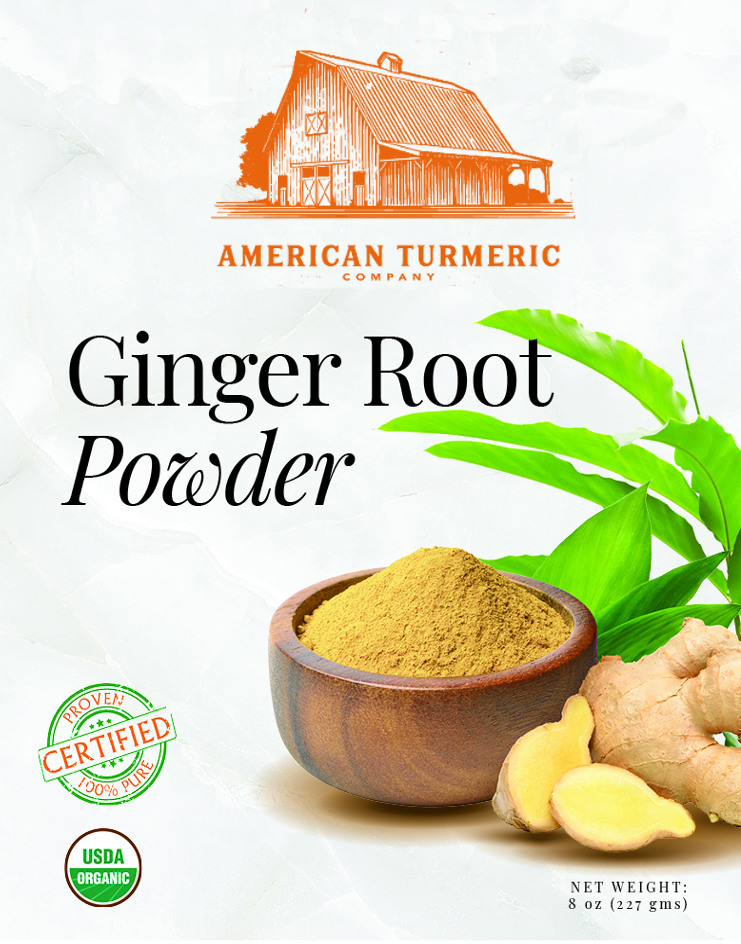 Ginger root powder bag with bowl of powder, ginger slices, and green leaves