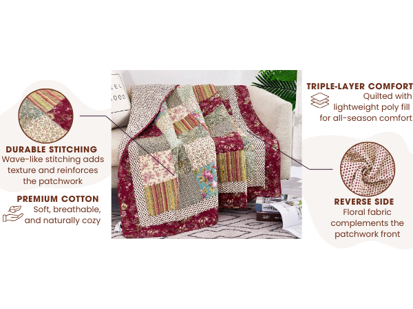 Quilted patchwork throw blanket, beige and burgundy floral blocks, stitched wave edges.