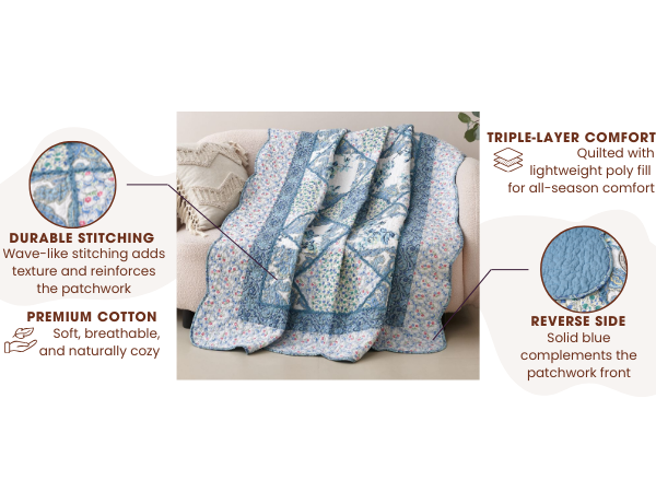 Cotton patchwork quilt throw with layered look and scalloped stitched trim