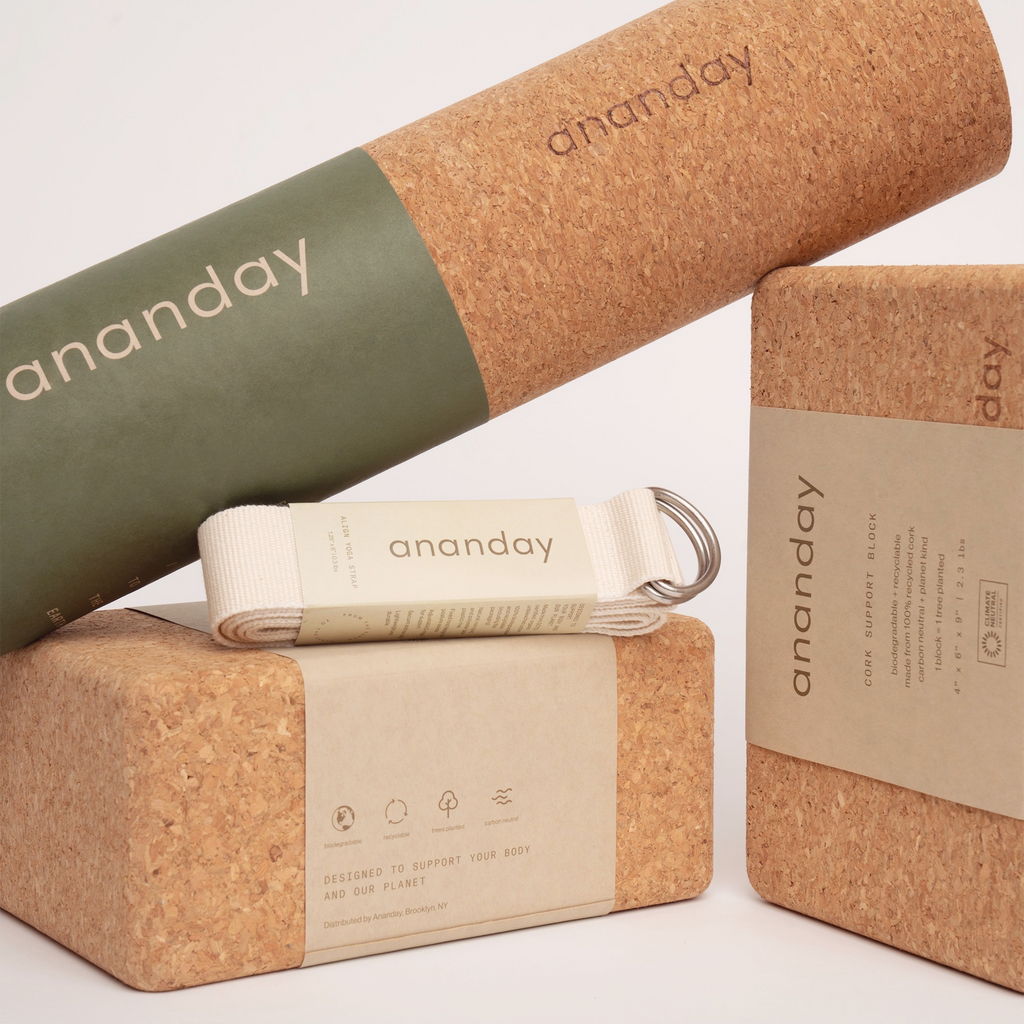 Yoga starter set with cork yoga blocks, cork bolster, and yoga strap