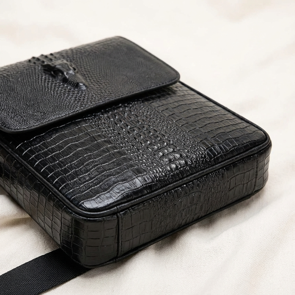 Black croc-embossed leather sling bag top with snap flap