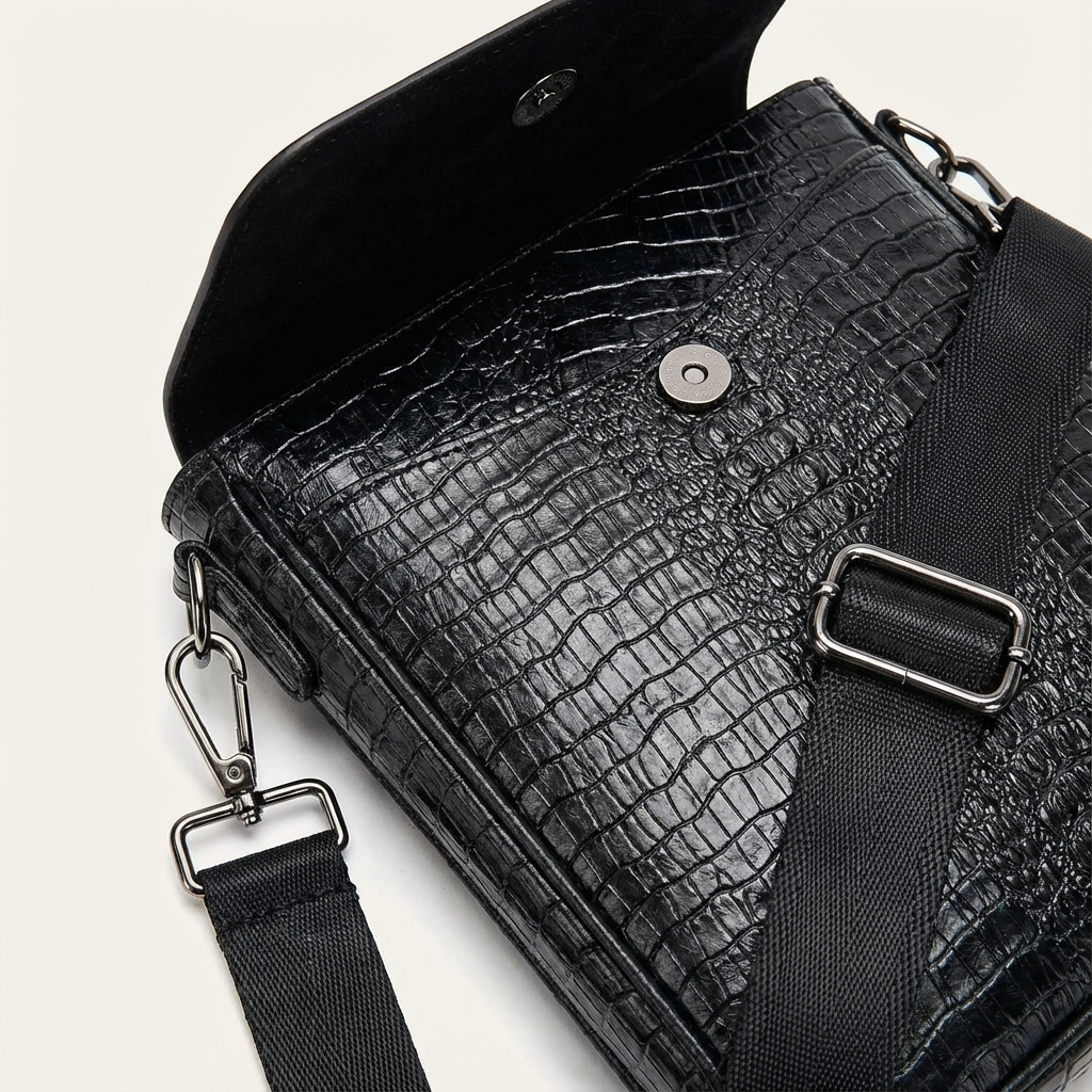 Black croc-embossed leather sling bag side detail with metal D-ring and buckle