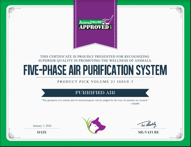 Five-phase air purification system product certificate with animal wellness badge