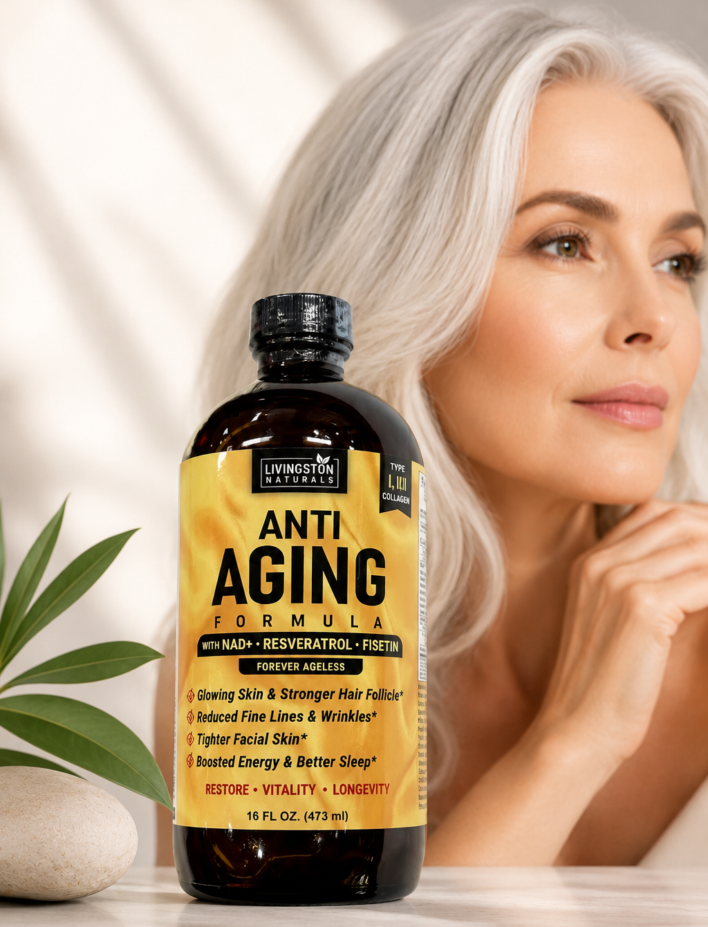 NAD anti-aging supplement in an amber bottle with a yellow label, shown beside a woman.