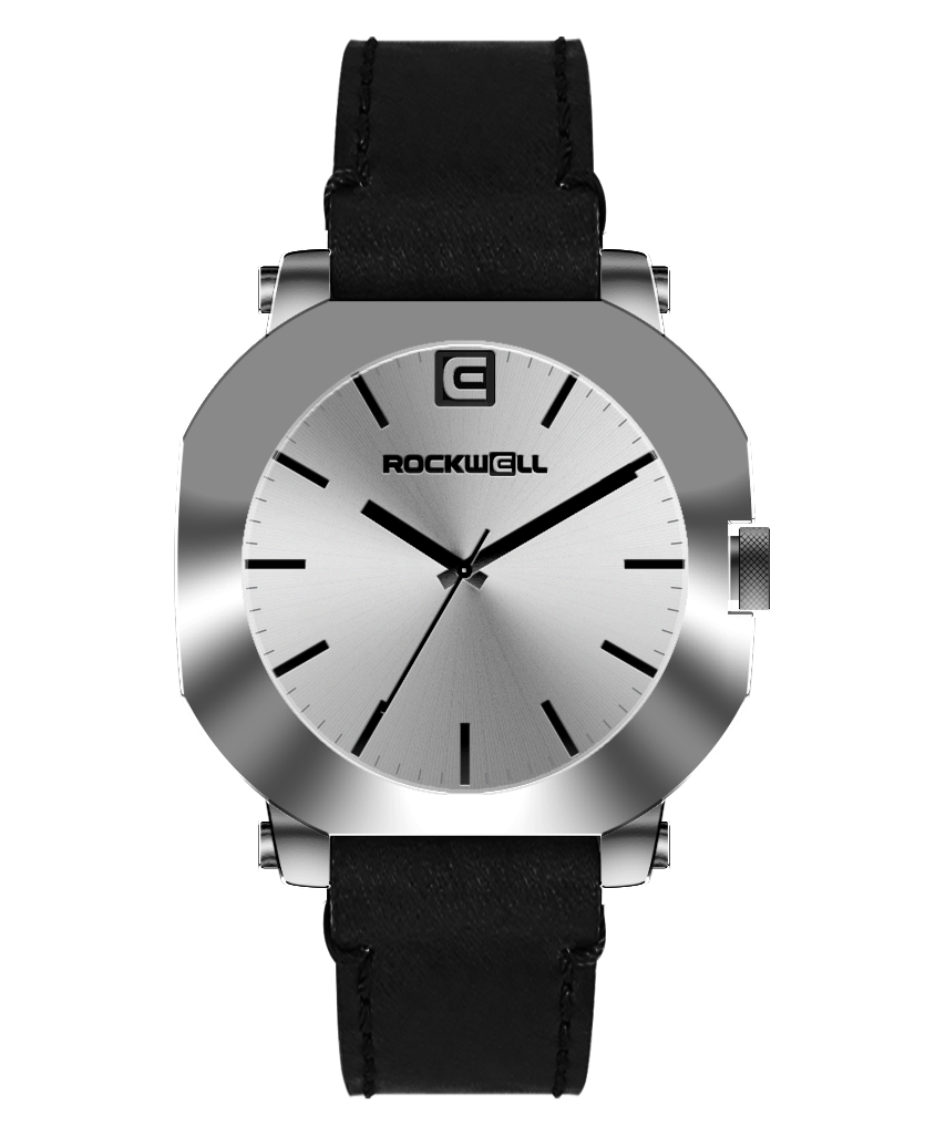 Silver-tone round watch with black leather strap and white dial