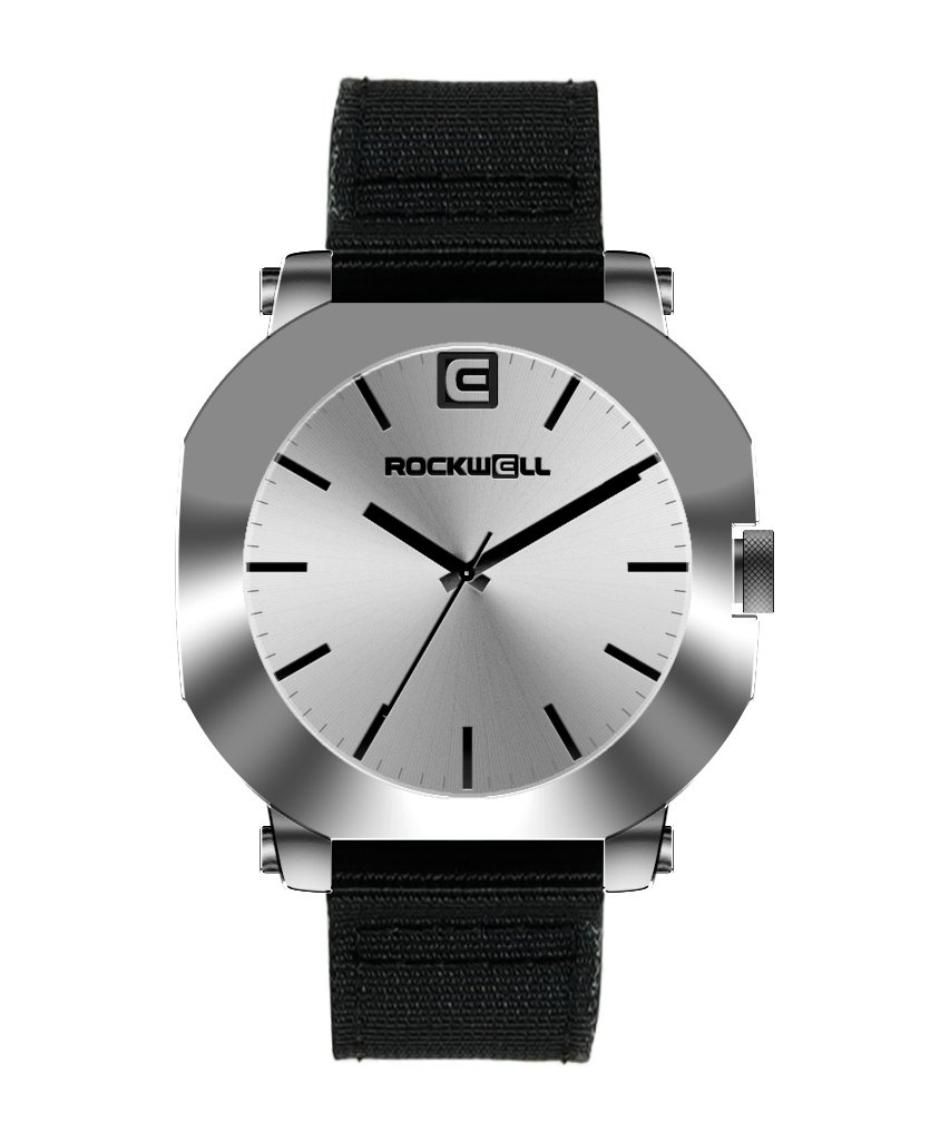 Silver-tone round watch with black nylon strap and white dial