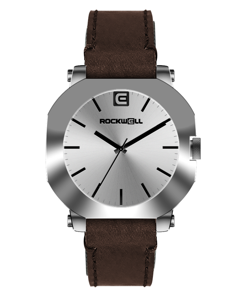 Silver-tone round watch with chocolate brown leather strap and white dial