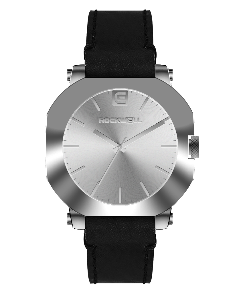 Silver round watch with black leather strap and silver dial, Rockwell logo at center