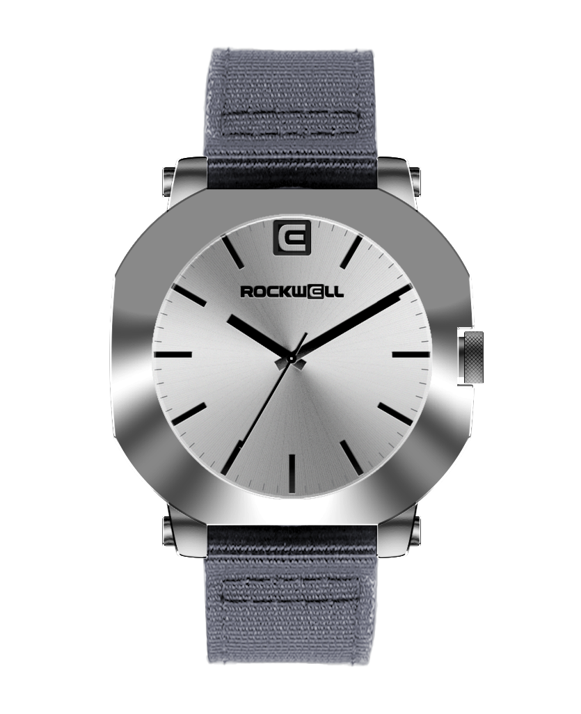 Silver-tone round watch with gray nylon strap and white dial