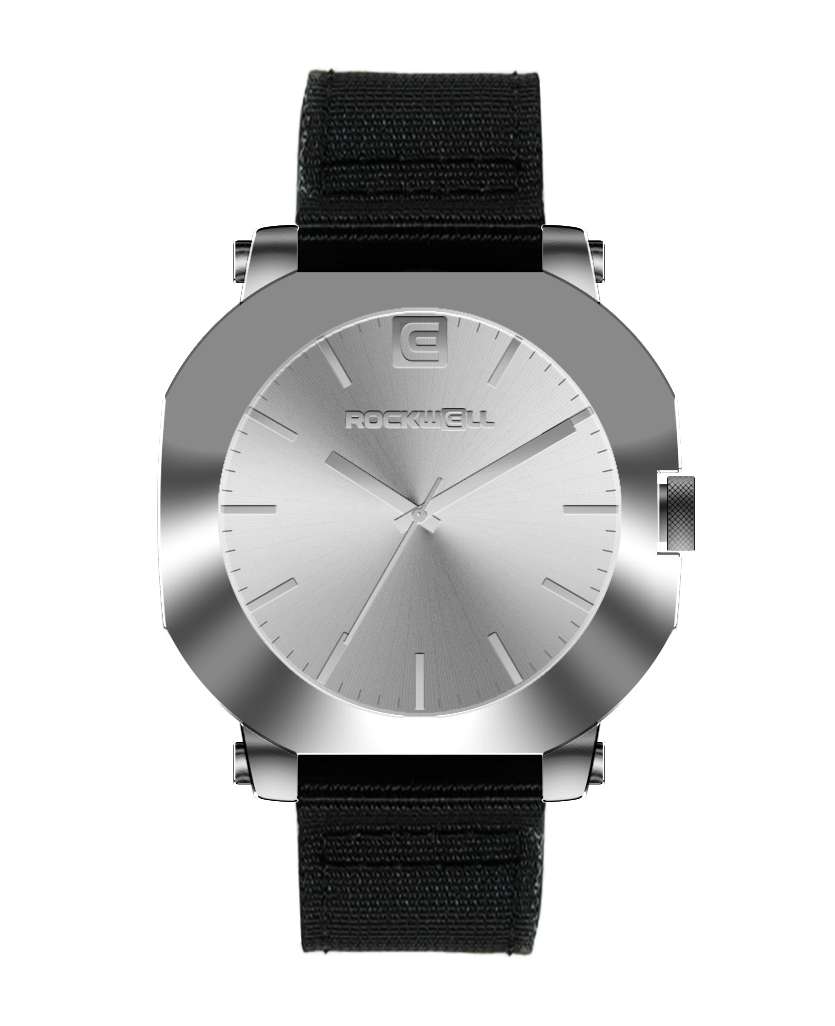 Silver round watch with black nylon strap and silver dial, Rockwell logo at center