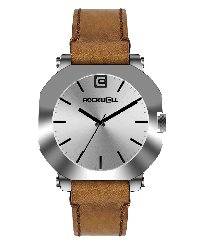Silver-tone round watch with tan leather strap and white dial