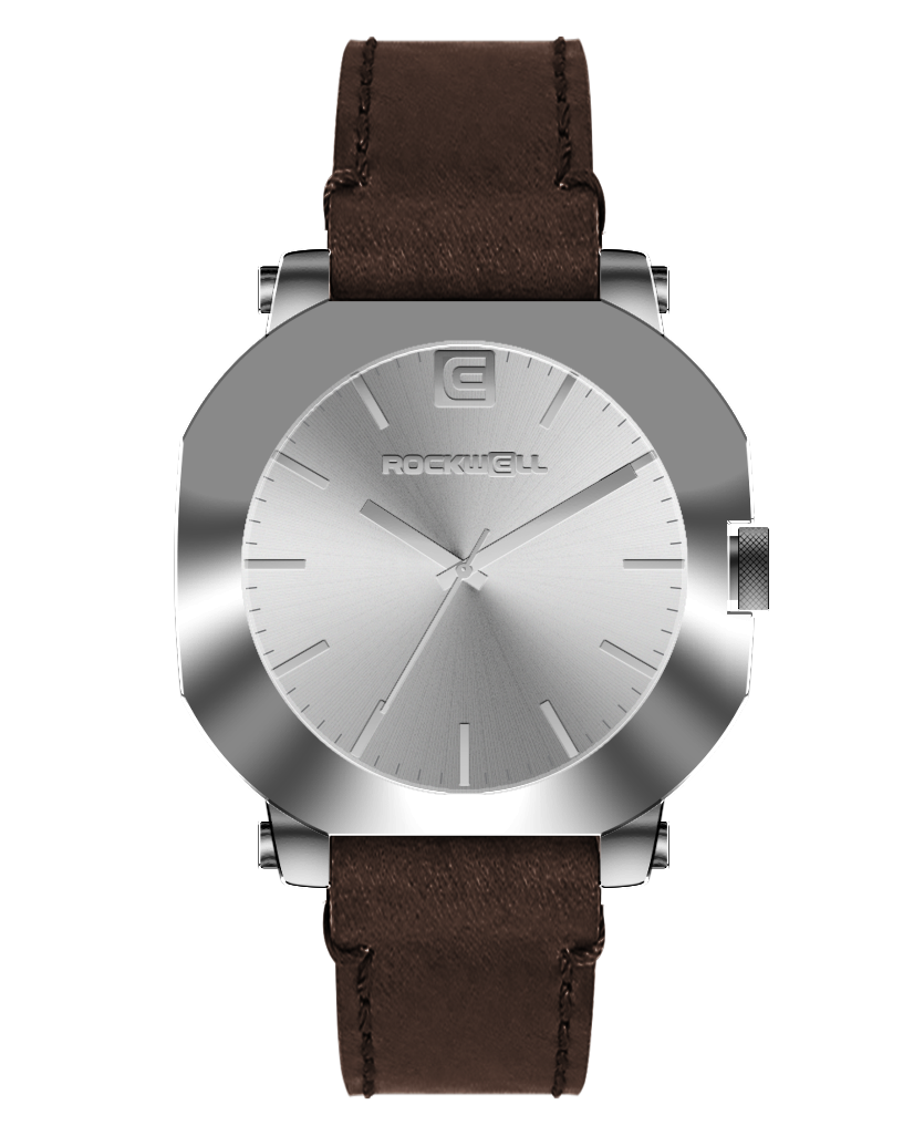 Silver round watch with brown leather strap and silver dial, Rockwell logo at center