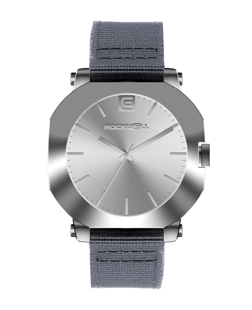 Silver round watch with gray nylon strap and silver dial, Rockwell logo at center
