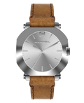 Silver round watch with tan leather strap and silver dial, Rockwell logo at center