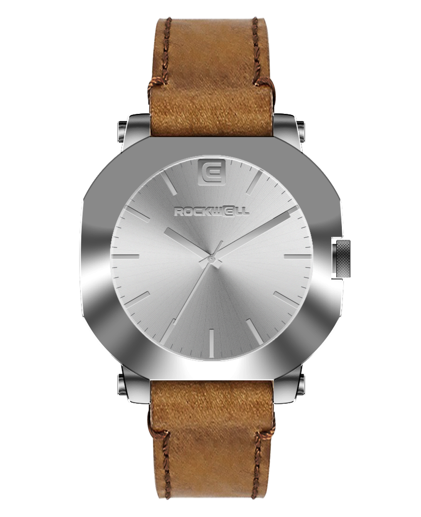 Silver round watch with tan leather strap and silver dial, Rockwell logo at center