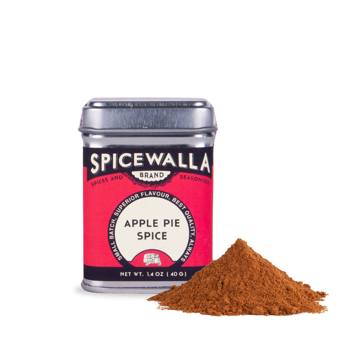 Spicewalla Apple Pie Spice shaker tin with brown spice pile