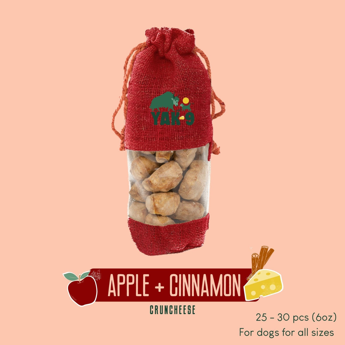 Yak 9 dog chews pouch with crunchy bites, Apple + Cinnamon flavor, cloth drawstring bag