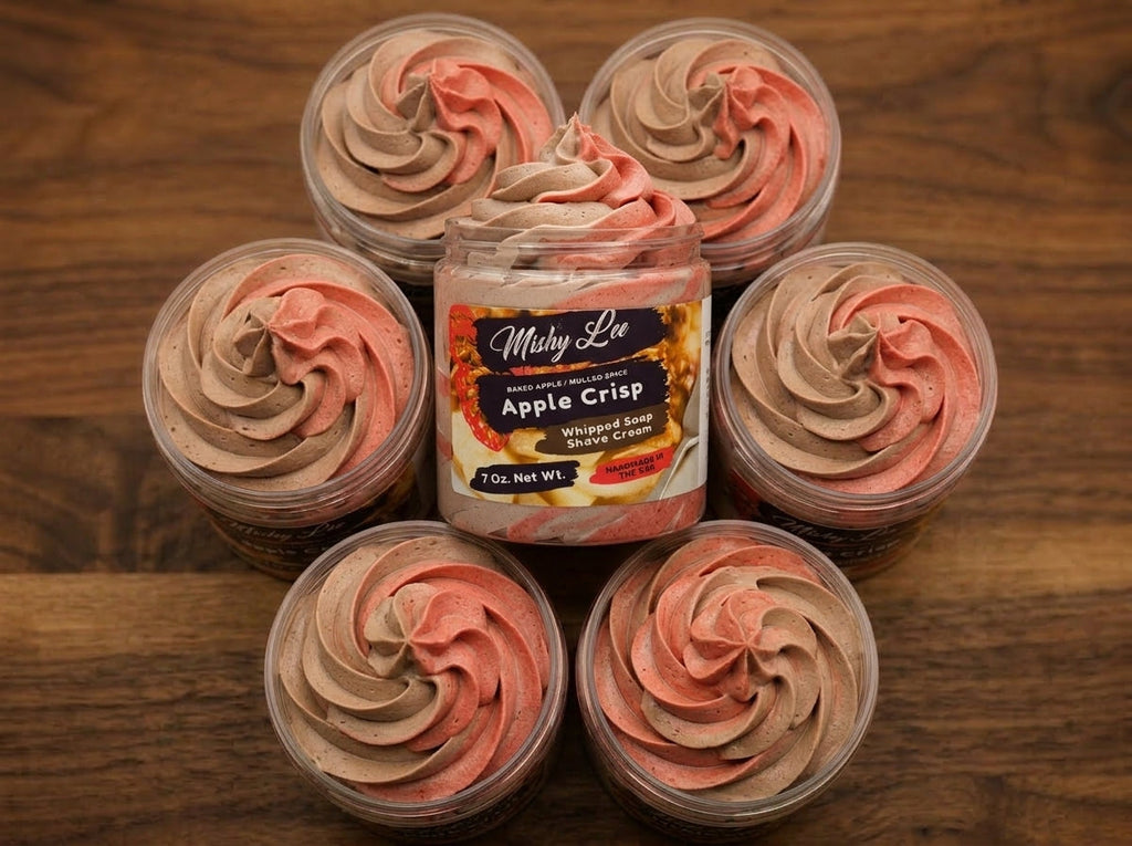 Whipped soap and shave cream mini jars with pink and brown swirl tops