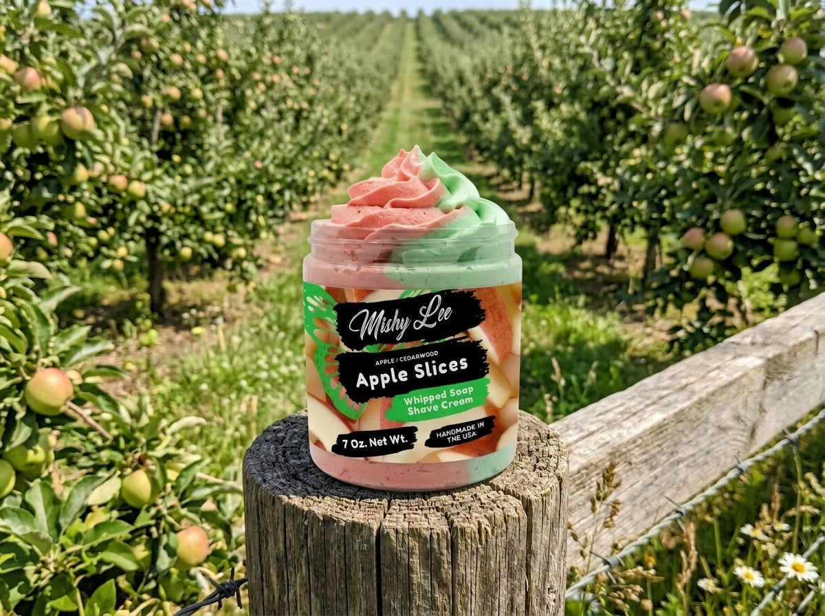 Whipped soap and shave cream jar outdoors on a wood stump with orchard background