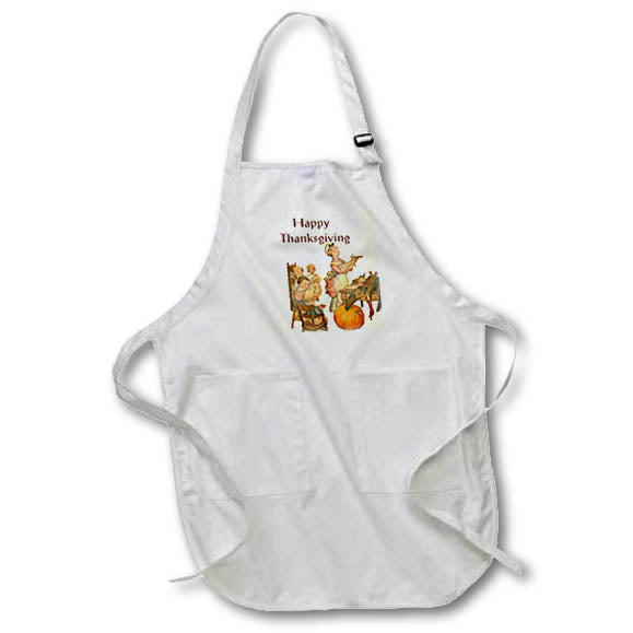 White full-length apron with front pocket, 'Happy Thanksgiving' family-with-pie print