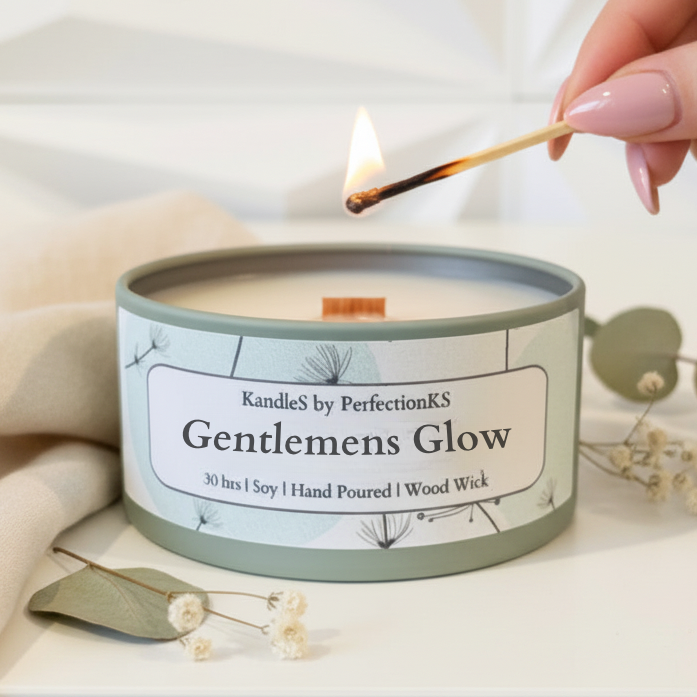 Wooden-wick soy candle in sage tin, flame above front label