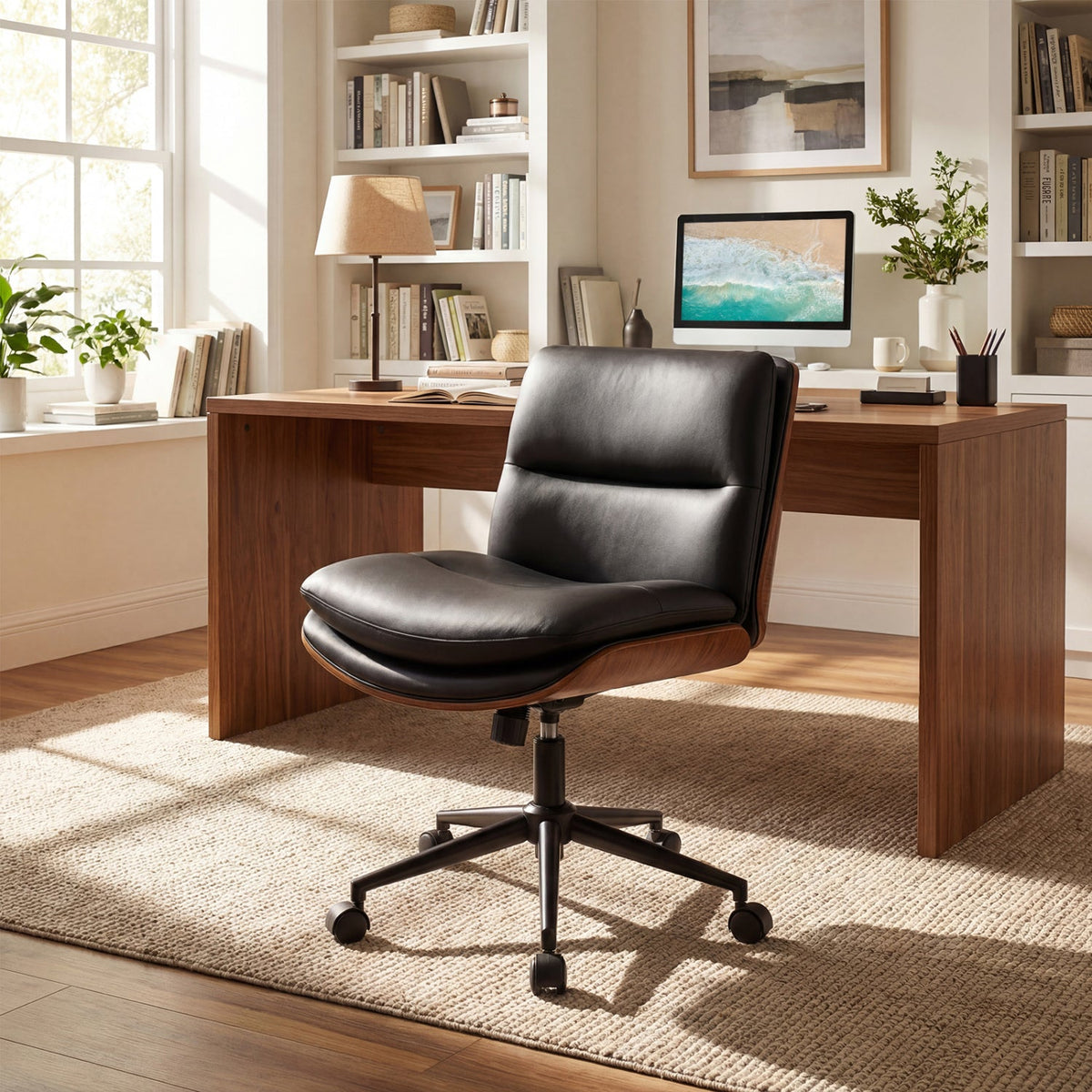 Black armless office chair with curved backrest and padded seat, rolling base and wheels.