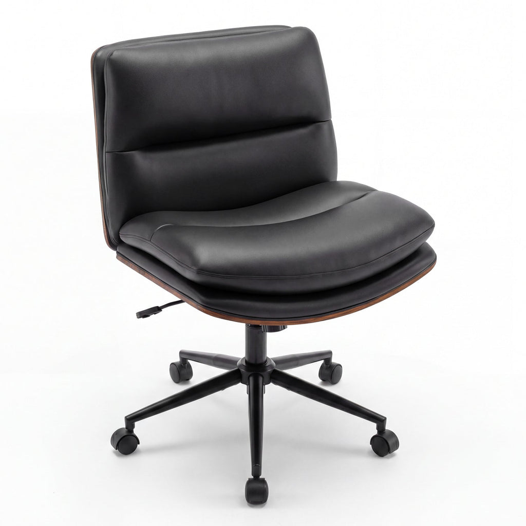 Black armless office chair with curved padded backrest and padded seat on swivel base.