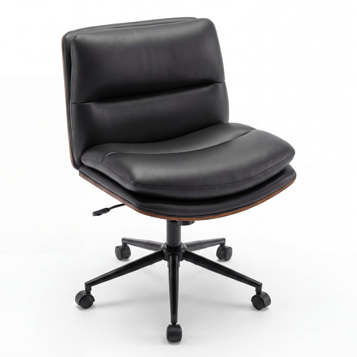 Black armless office chair with curved padded backrest and padded seat on swivel base.