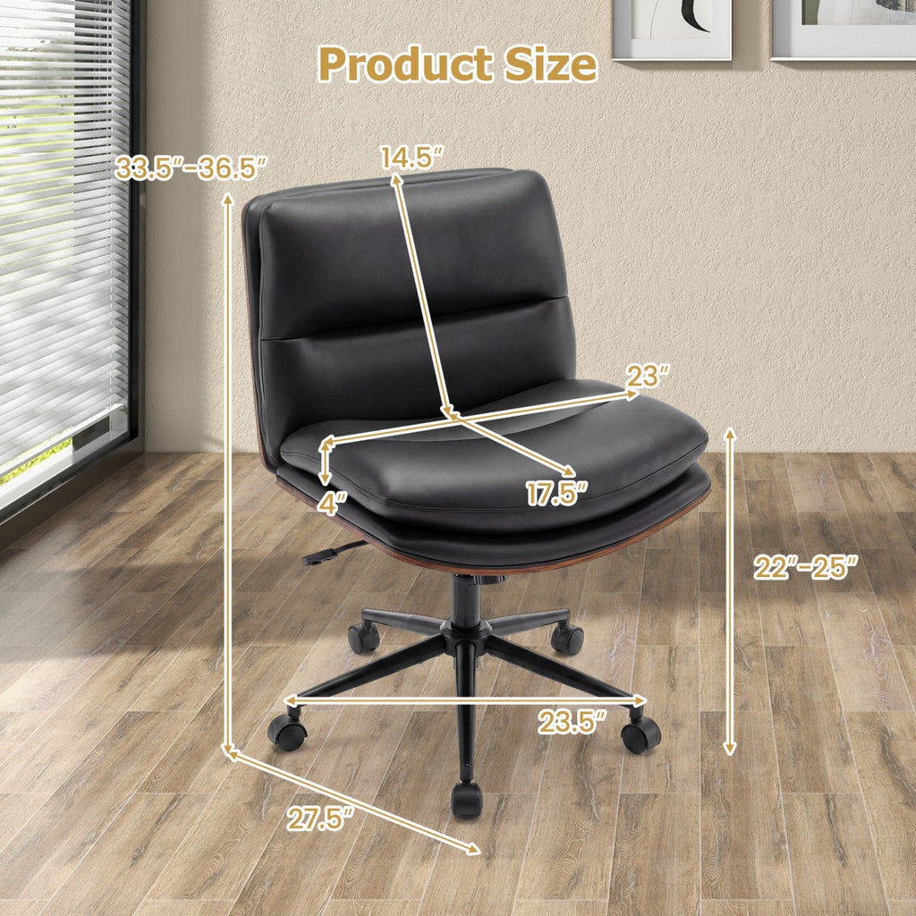 Black armless office chair with curved backrest and padded seat on rolling base
