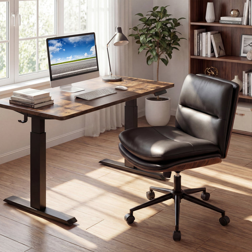 Black armless office chair with curved padded backrest and padded seat, arm-free