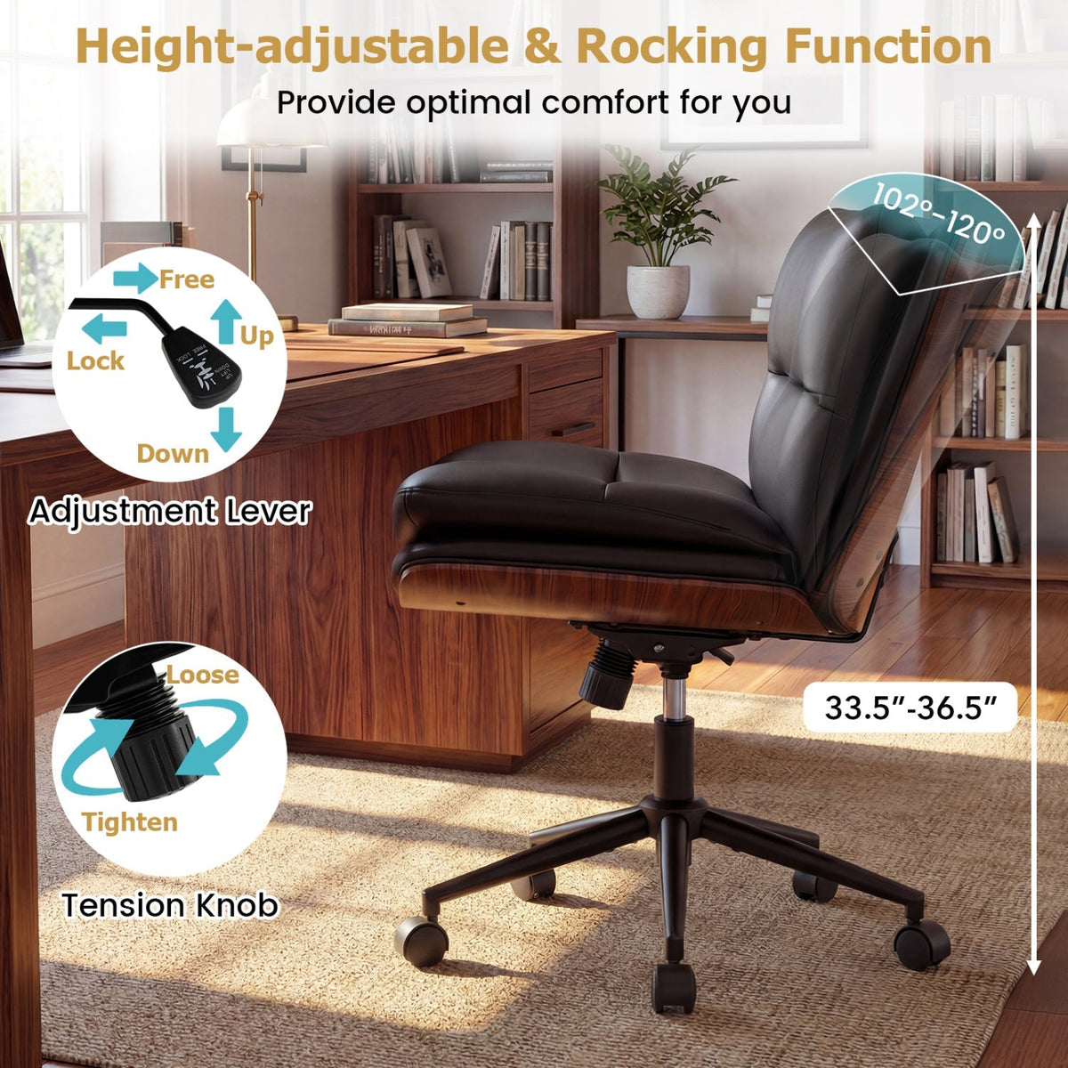 Black armless office chair with curved padded backrest and padded seat, height adjustable