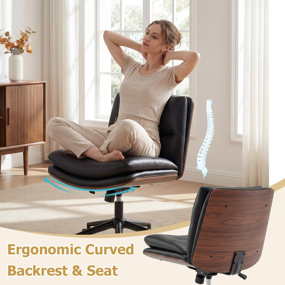 Black armless office chair with curved padded backrest and padded seat, armless design