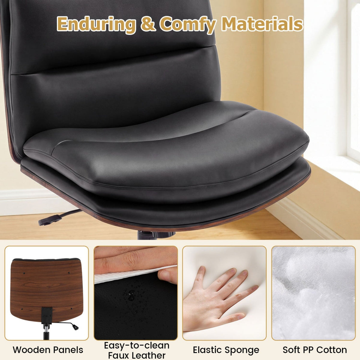 Black armless office chair padded seat and curved backrest, smooth upholstery
