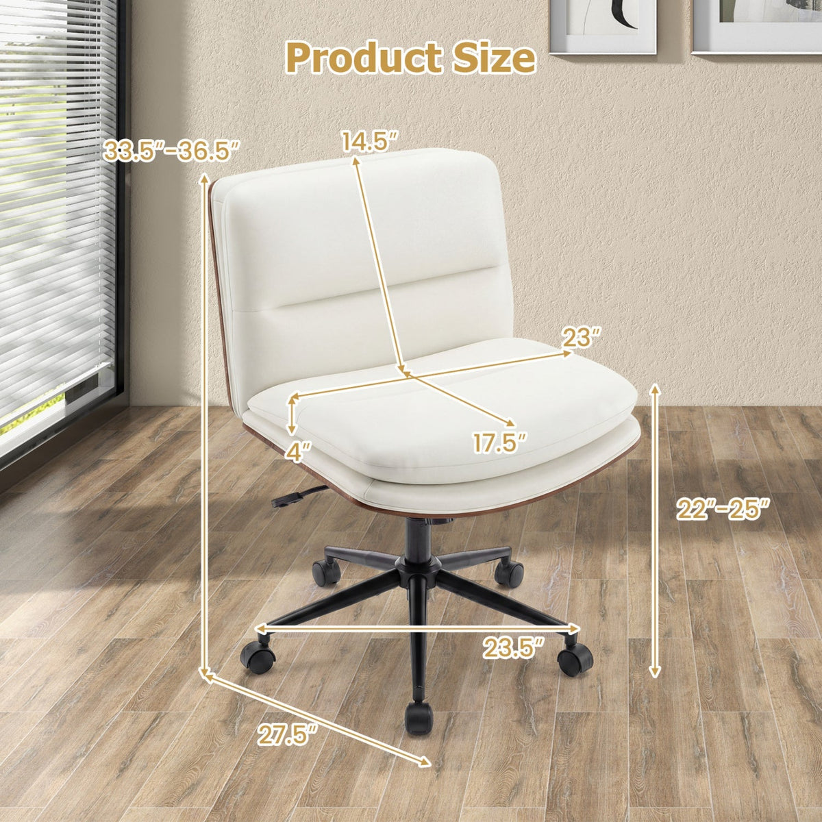 White armless office chair with curved padded backrest and padded seat on swivel base.