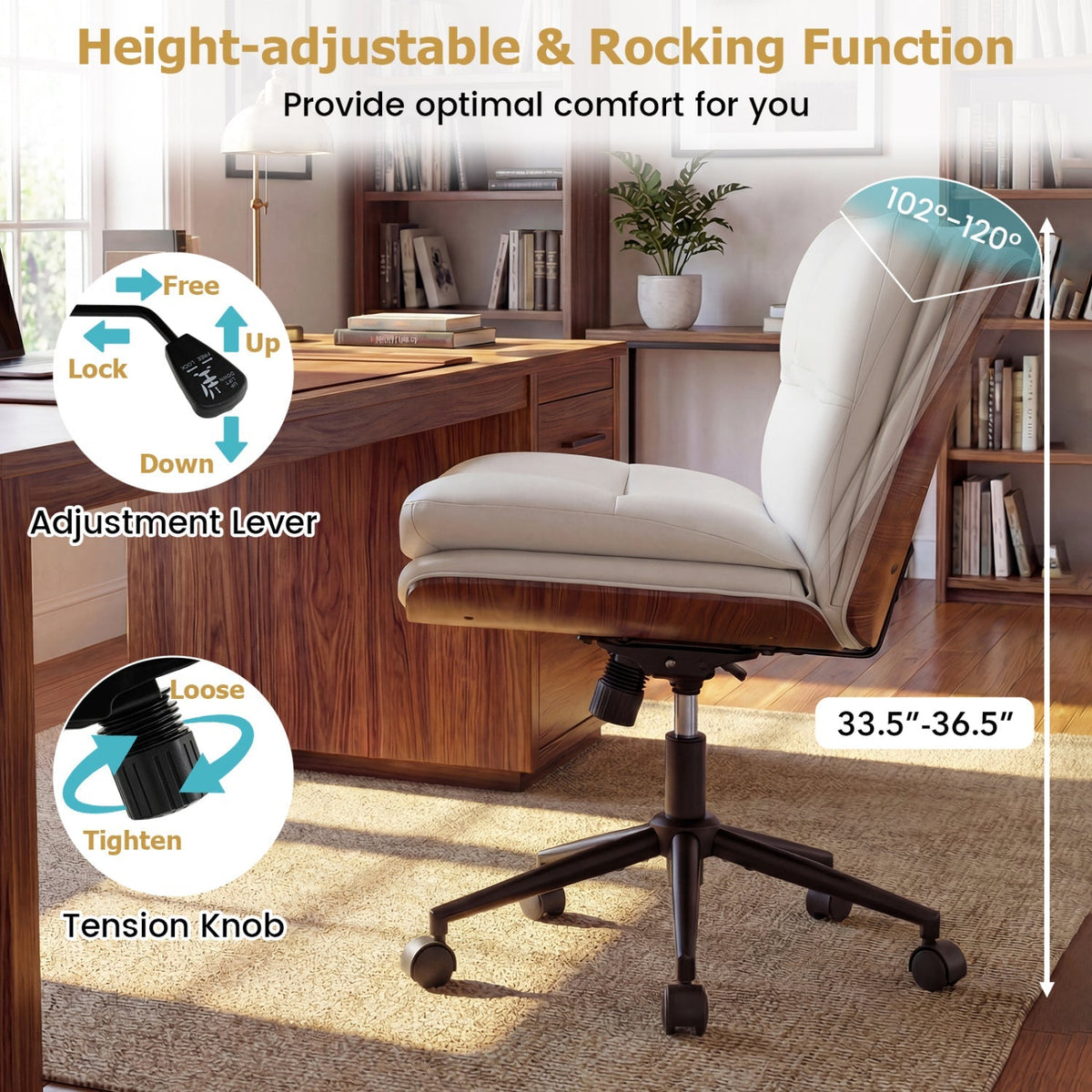 White armless office chair showing height-adjust lever and curved padded seat.