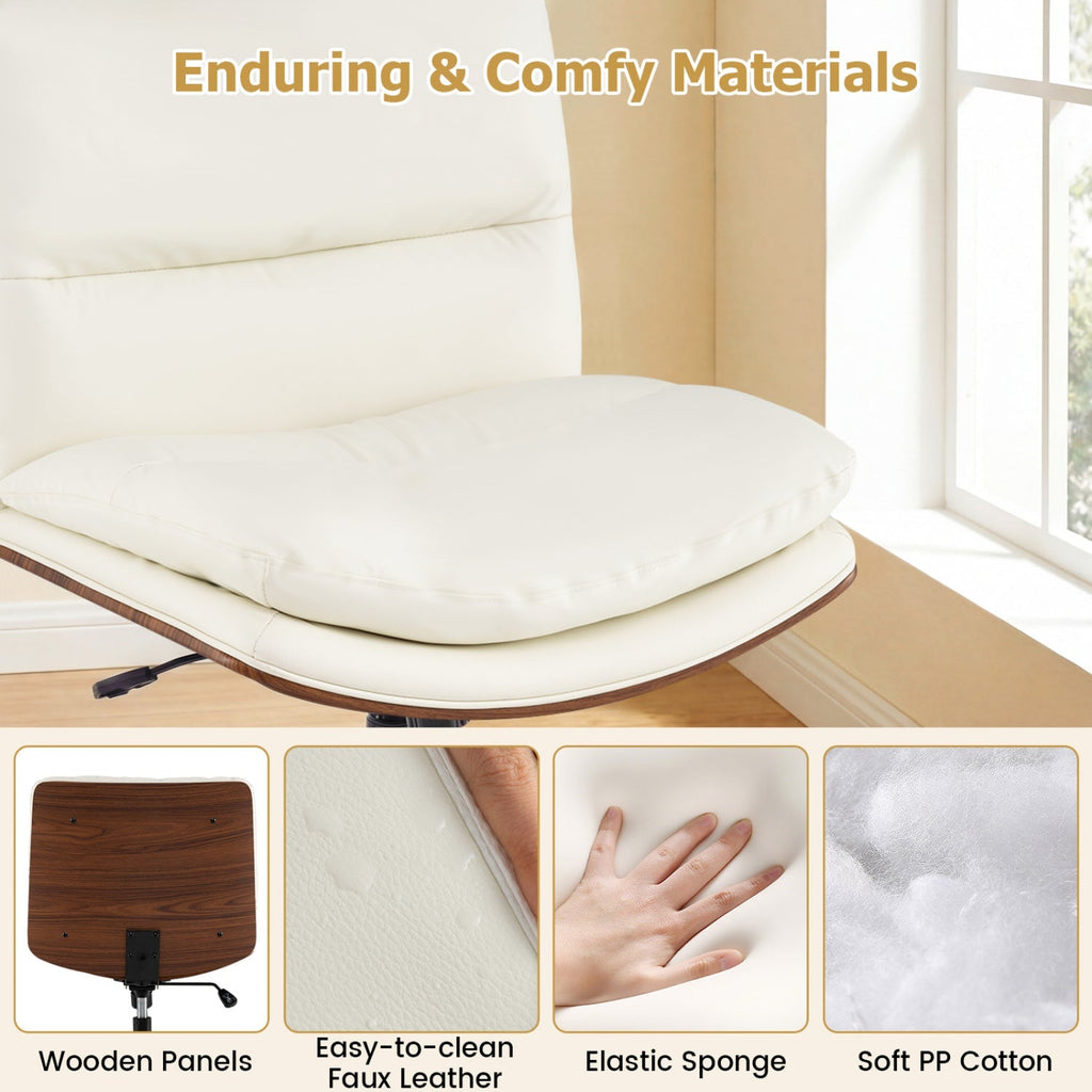 White armless office chair with padded seat and back, detail view of soft upholstery.