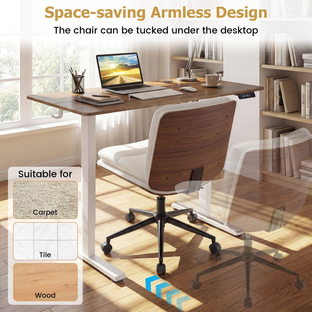 White armless desk chair tucked under table, curved backrest and padded seat visible.