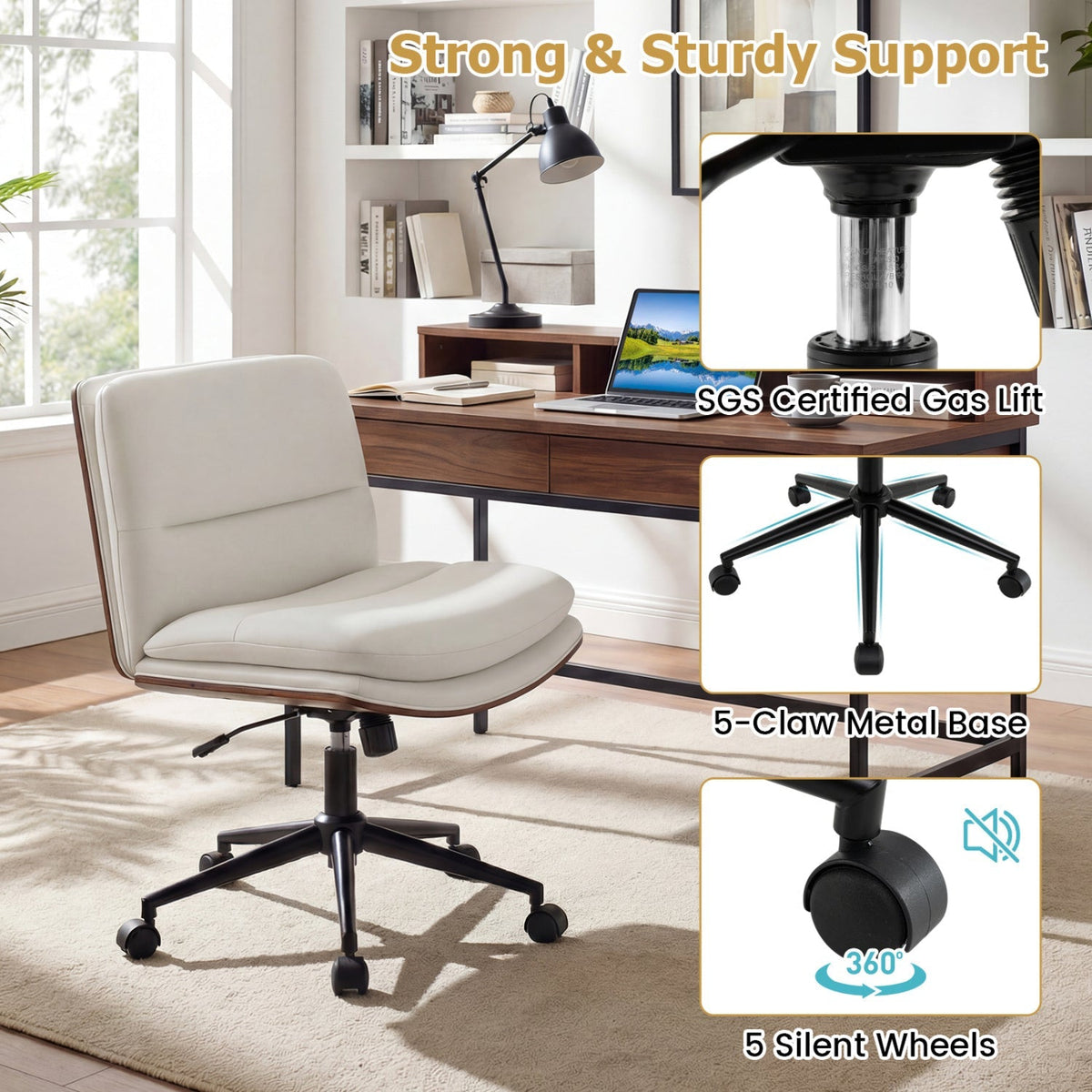 White armless office chair with curved padded seat on five silent wheels and gas lift.