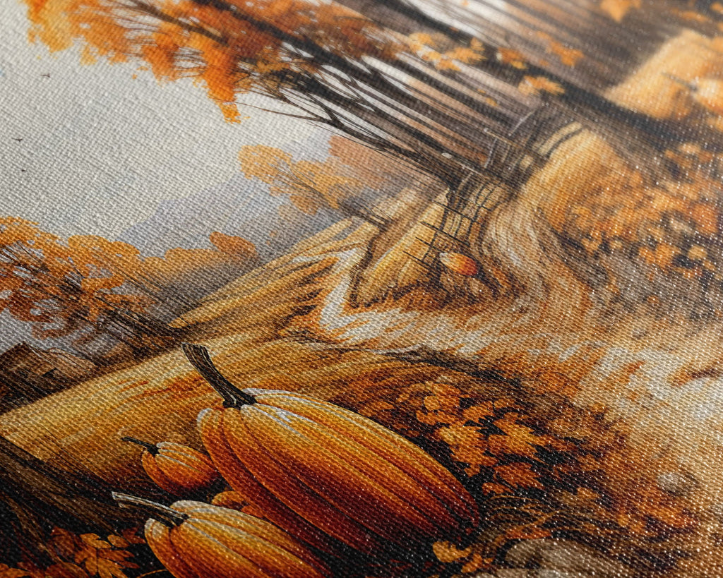 Close-up of fall landscape canvas texture with orange pumpkins and a winding path