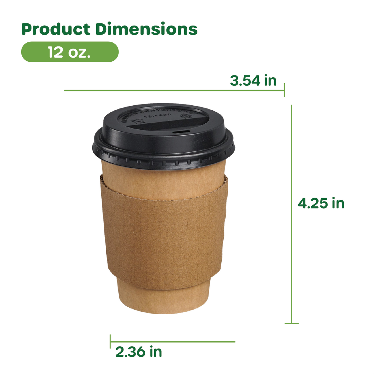 Kraft coffee cup with black lid shown with size measurements