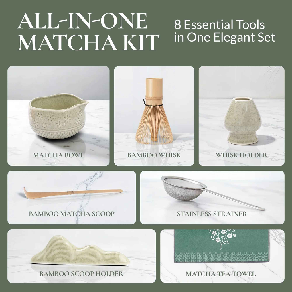 All-in-one matcha kit with matcha bowl, bamboo whisk, whisk holder, scoop, and strainer