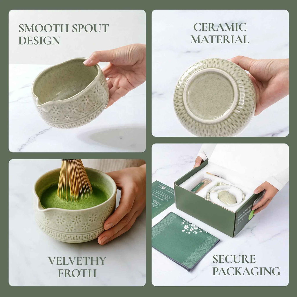 Matcha whisk set showing ceramic bowl underside, secure packaging box, and included tools
