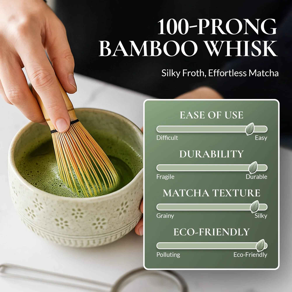 100-prong bamboo whisk mixing matcha in speckled ceramic chawan bowl