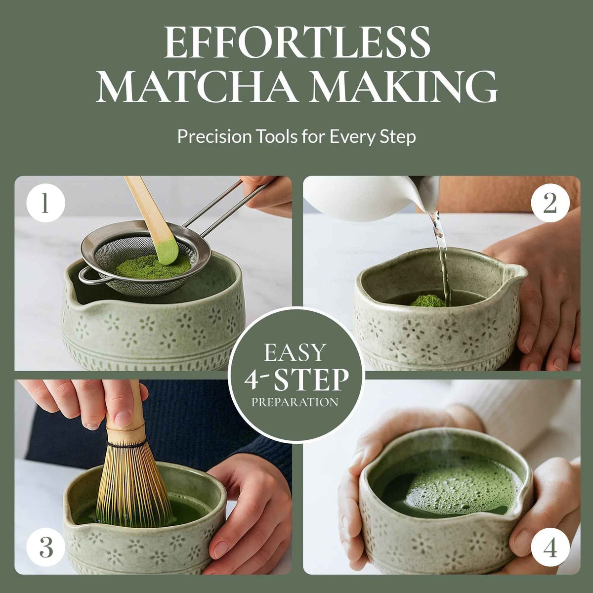 Matcha whisk set making steps showing whisk, ceramic bowl, and matcha pouring
