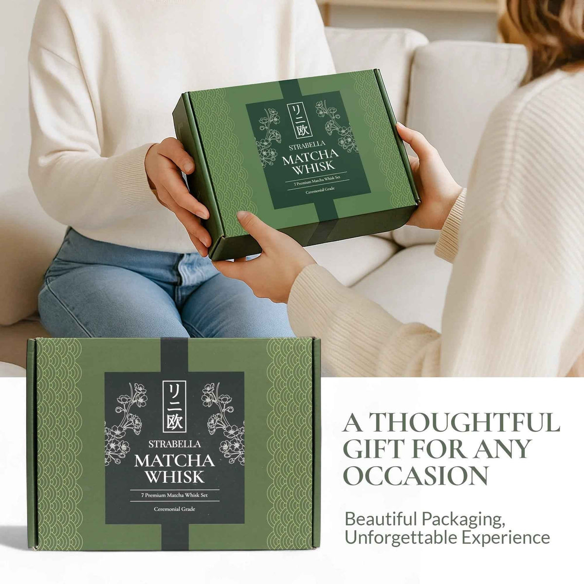 Matcha whisk gift set box with two hands holding green packaging