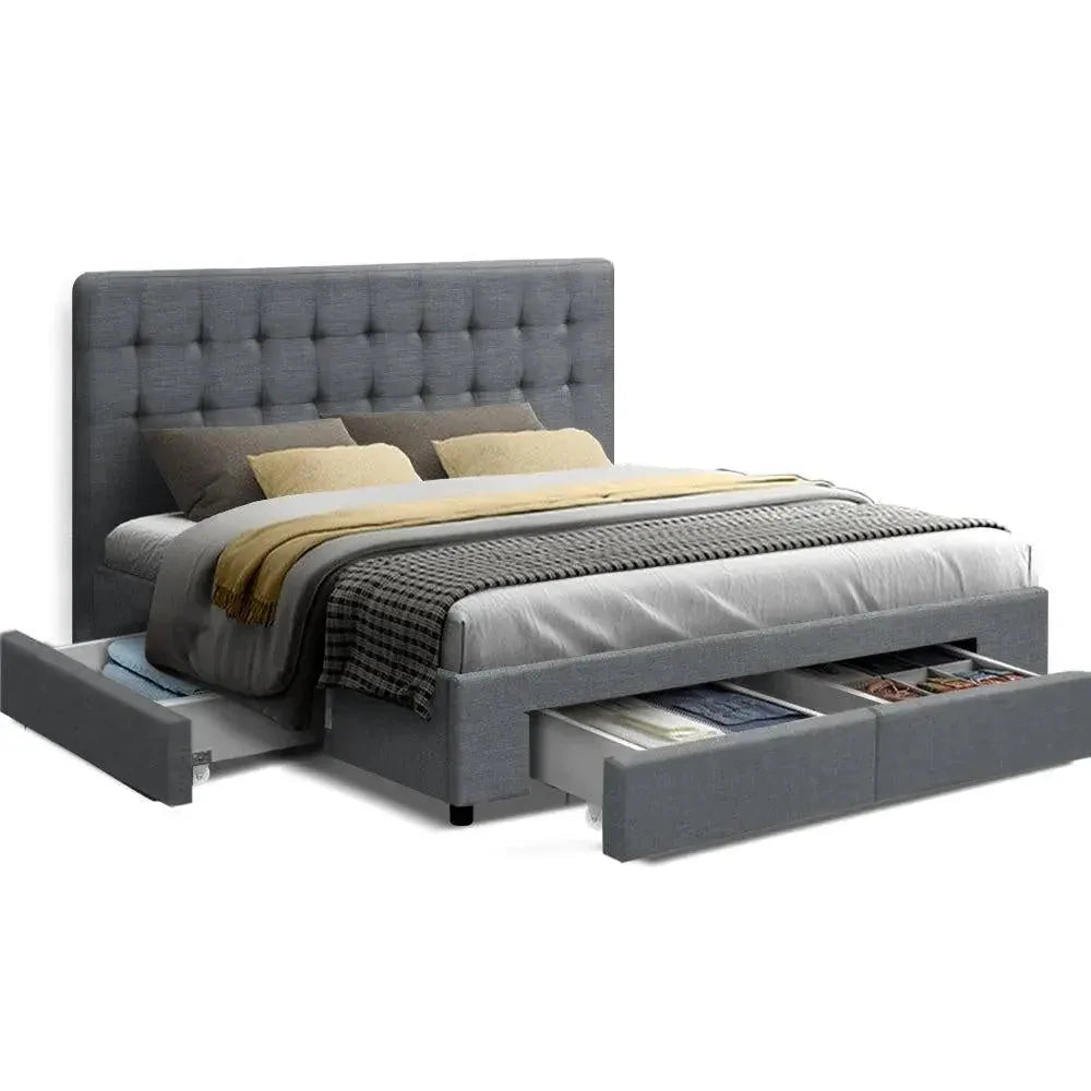 Grey king upholstered bed frame with tufted headboard and two fabric storage drawers