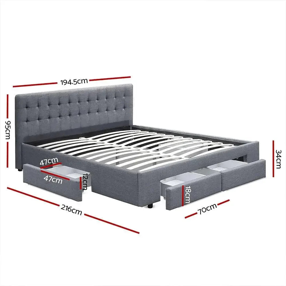 Grey king bed frame with slatted base and two side storage drawers, open