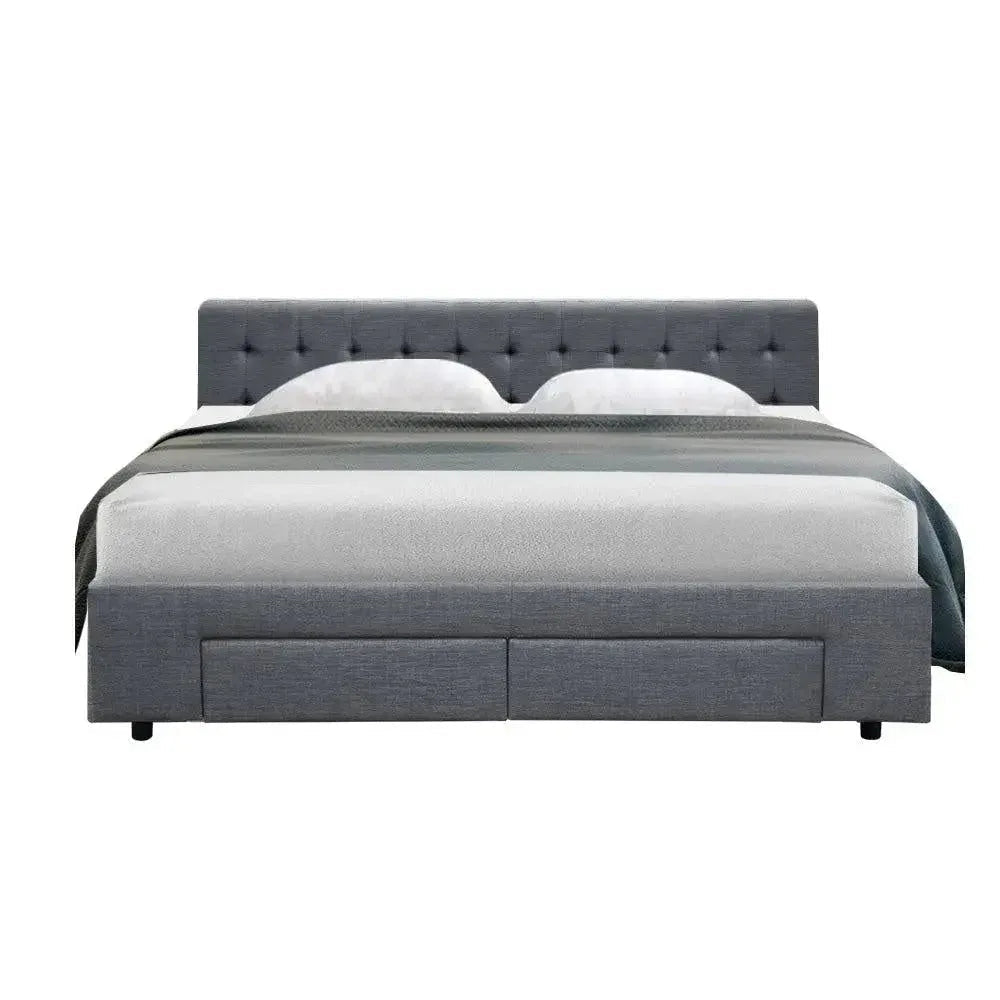 Grey king bed frame with tufted headboard and two front storage drawers